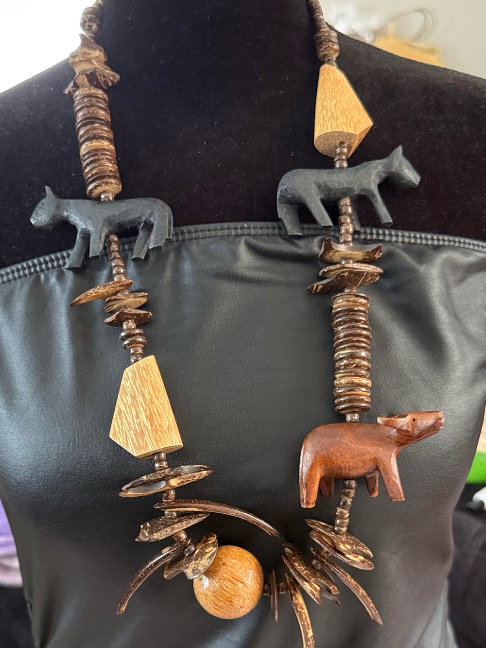 Vintage Artisan Wood Animal Statement Necklace 30” Boho Safari